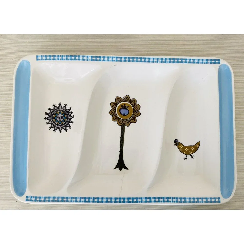 Vintage MCM Divided Tray Platter Blue Ivory Tree Sun Chicken *see flaws In Photo